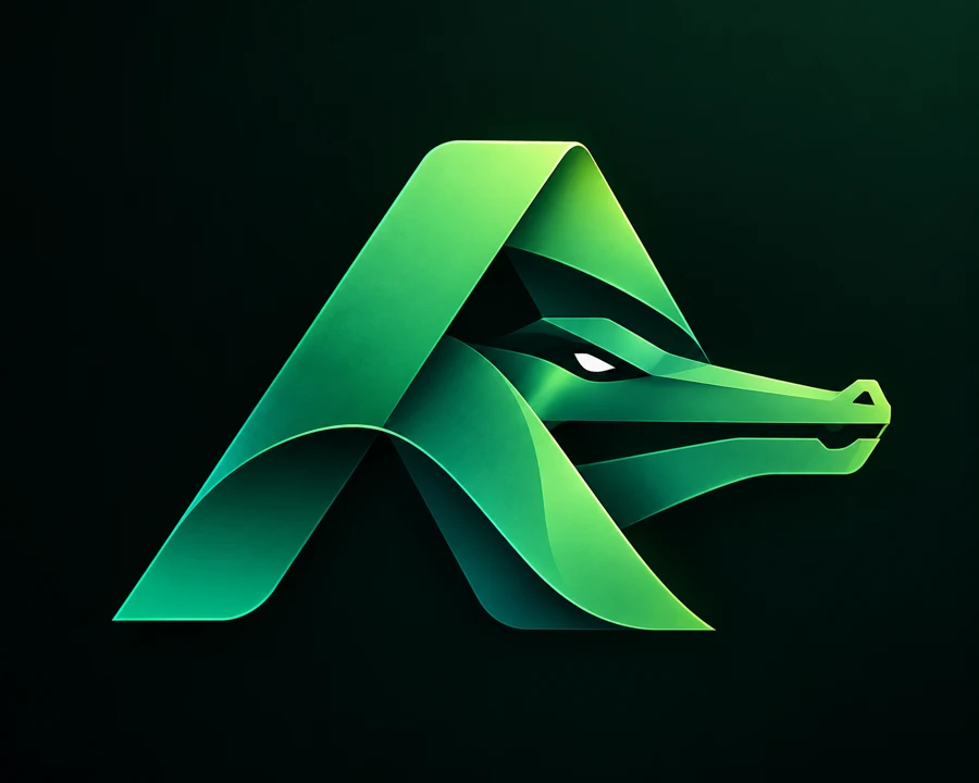 Emblema verde Alligator Code, letra A integrada à cabeça de um jacaré